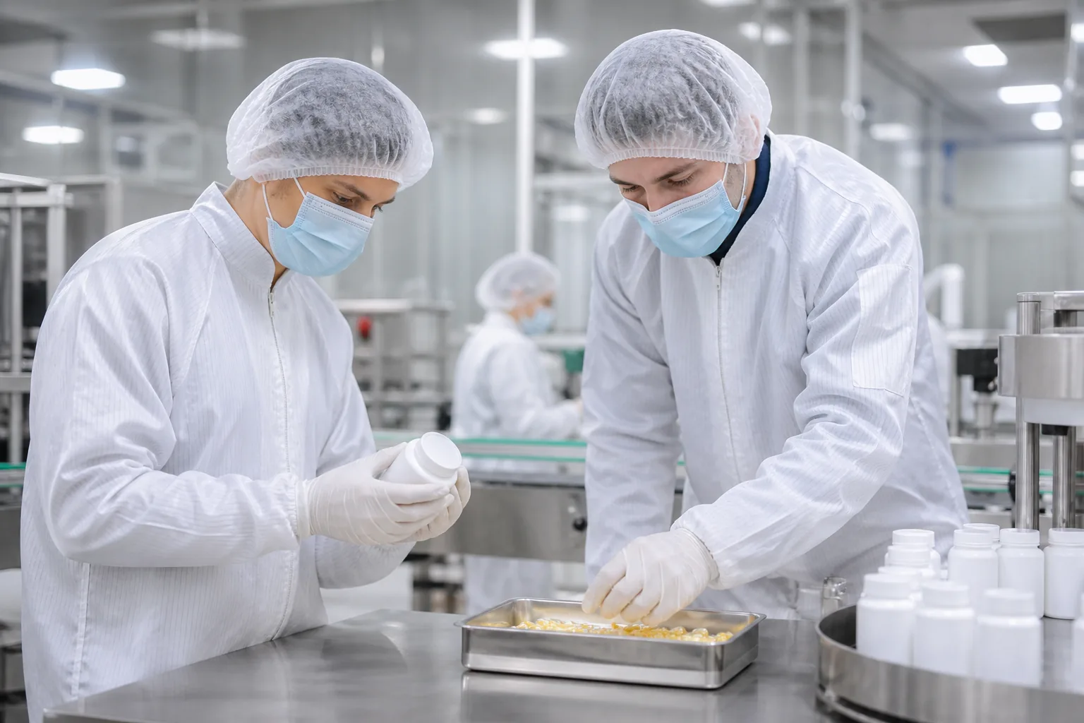 Operators in cleanroom suits on the production floor