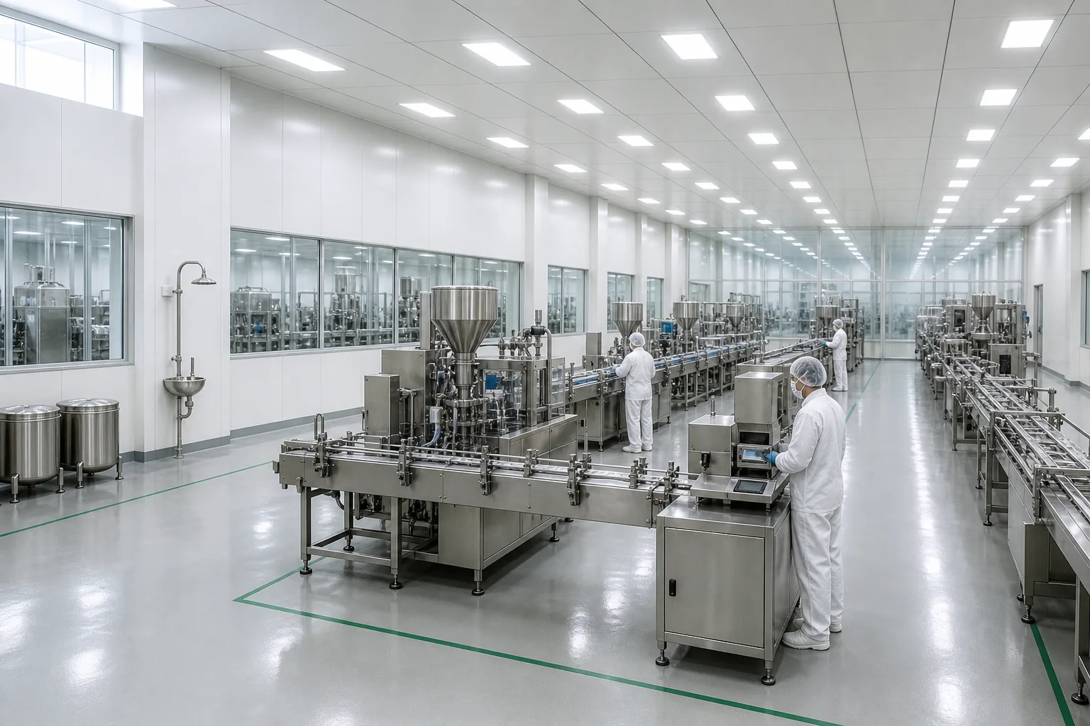 Modern standardized supplement manufacturing workshop with multiple stainless-steel production lines
