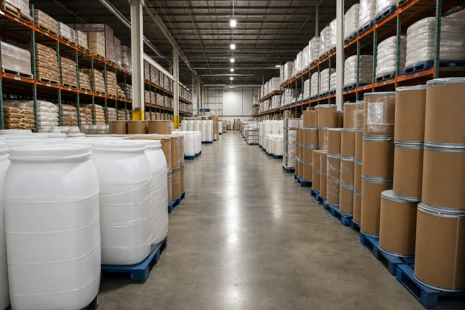 Raw material warehouse with sealed ingredient drums
