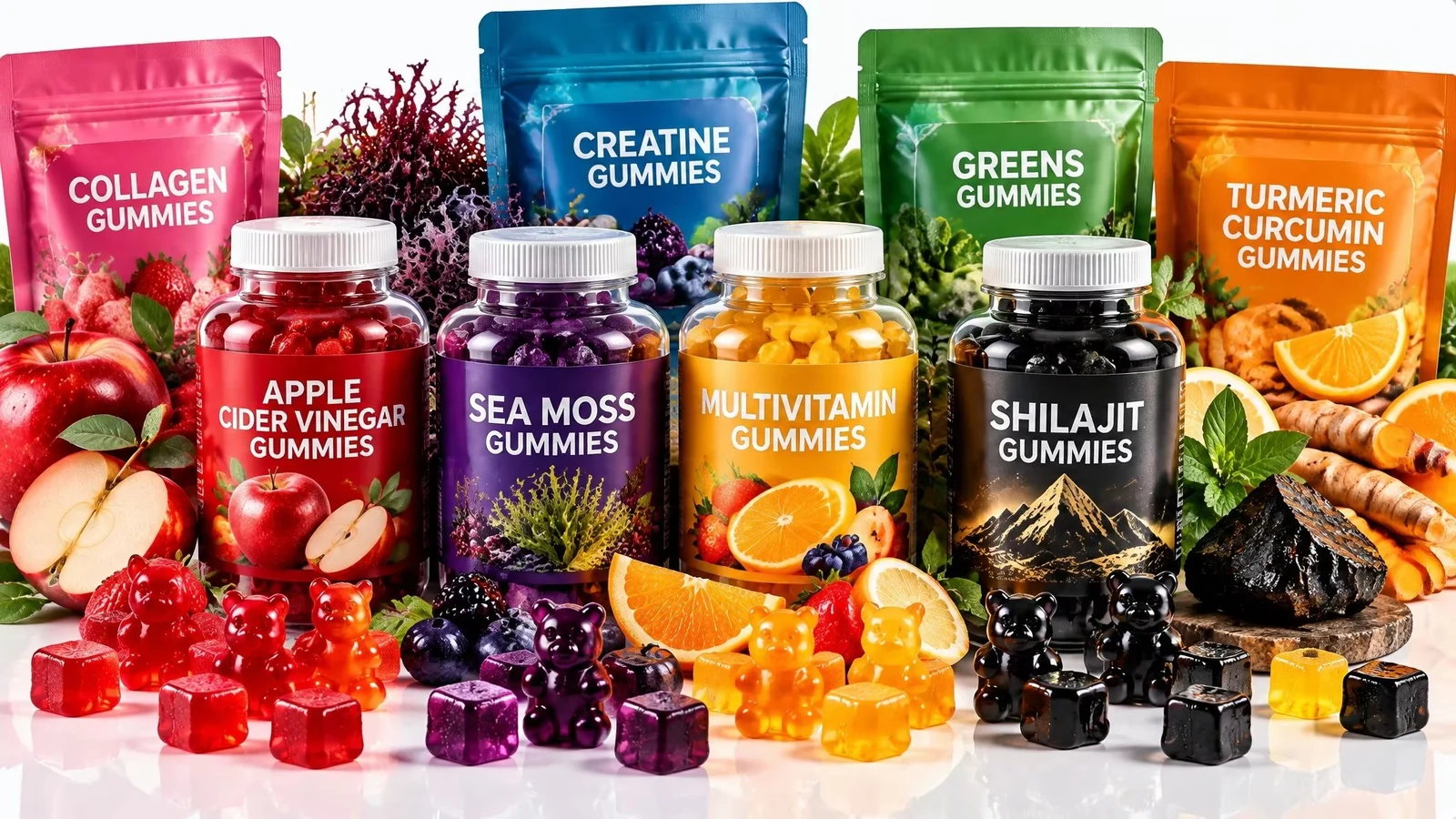 Collagen, creatine, greens and turmeric gummies with fruit
