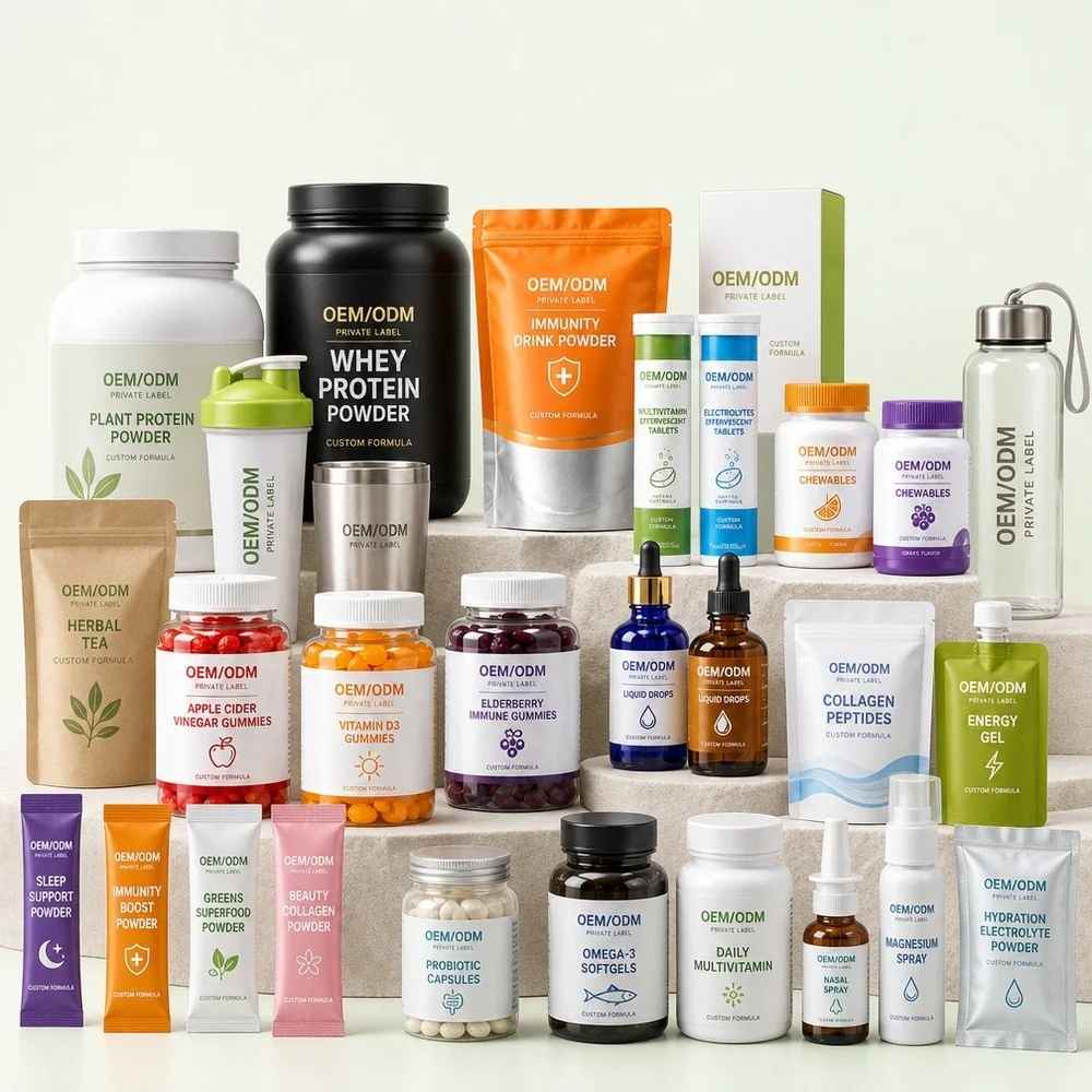 OEM ODM private label packaging lineup: jars, pouches, bottles, boxes