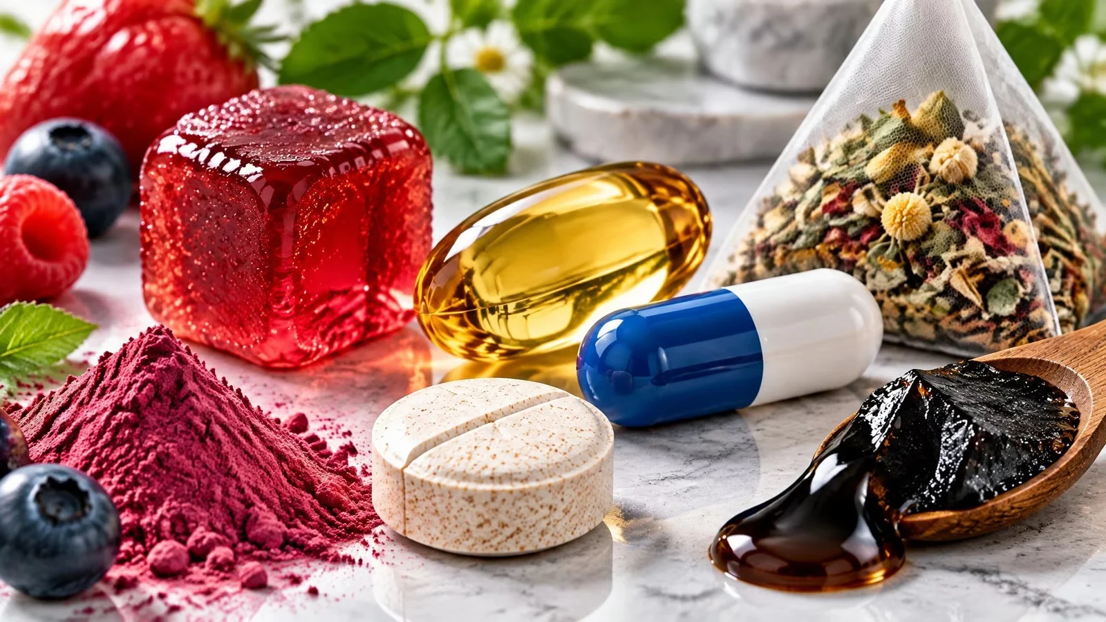 Softgel, capsule, tablet, powder, gummy, tea and herbal paste