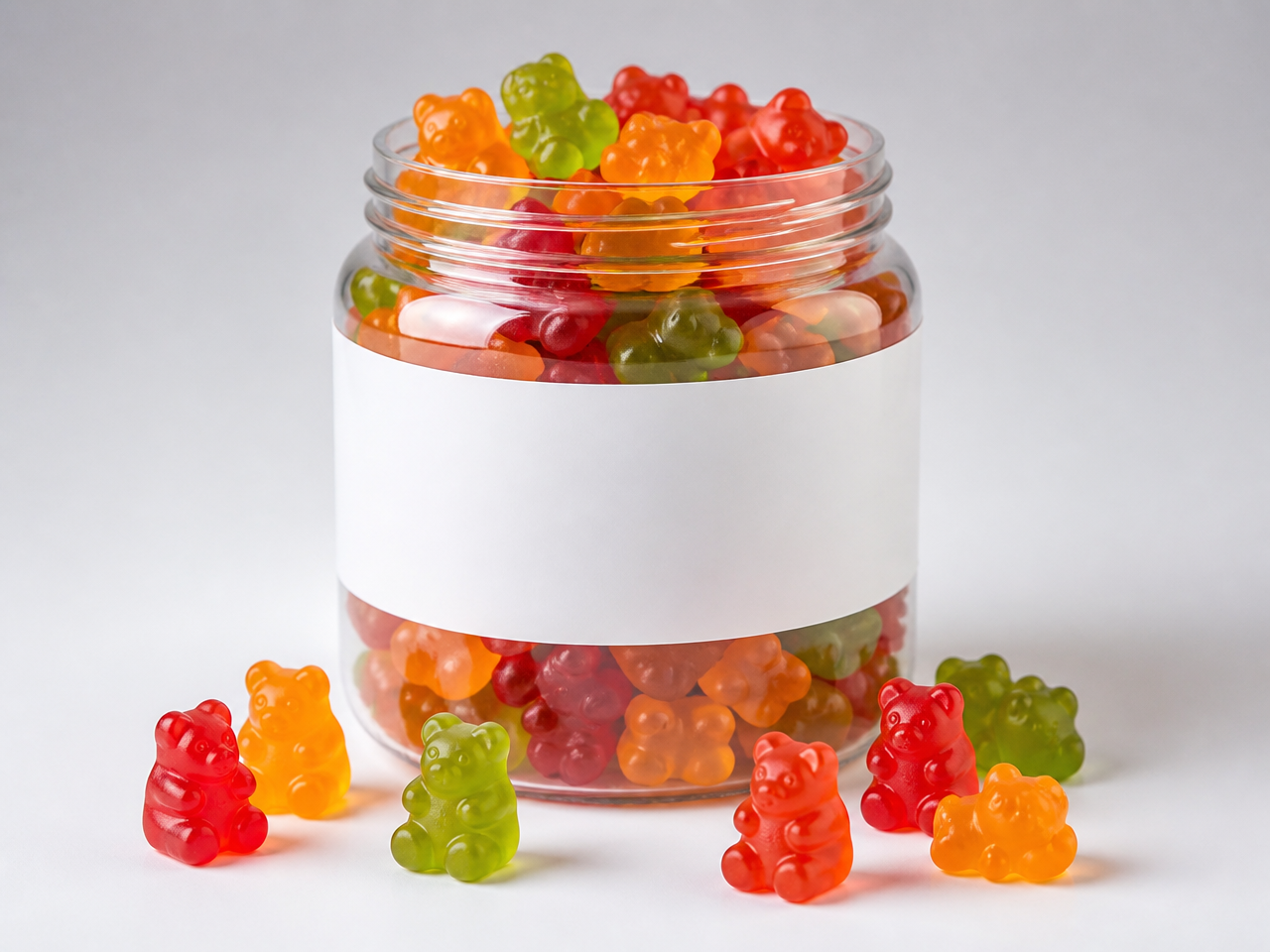 Colorful fruit-shaped supplement gummies