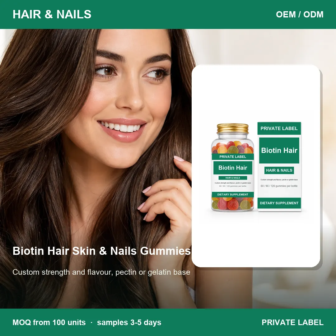 Biotin Hair Skin & Nails Gummies — private-label supplement, lifestyle scene