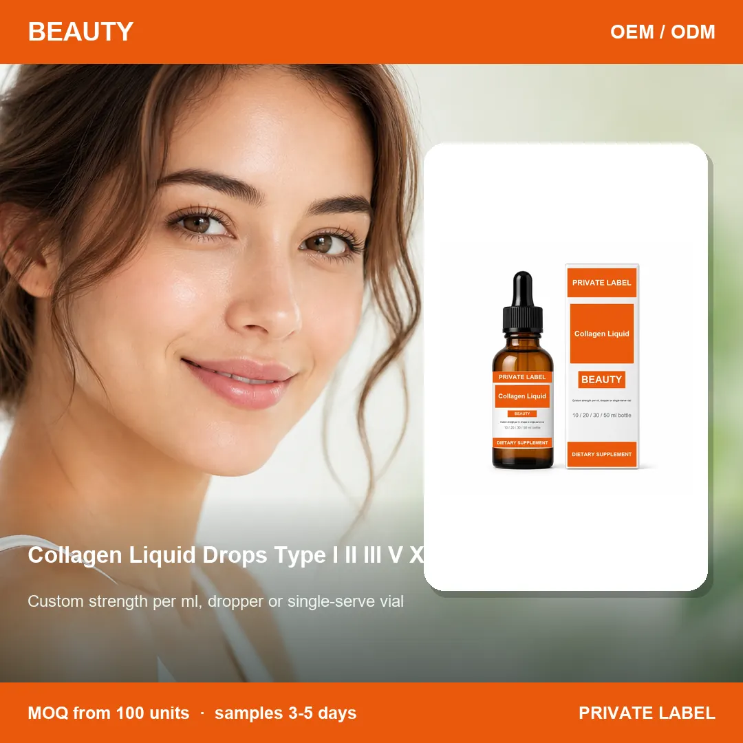 Collagen Liquid Drops Type I II III V X — private-label supplement, lifestyle scene
