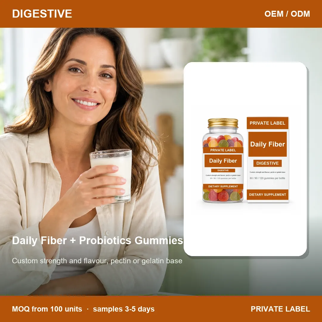 Daily Fiber + Probiotics Gummies — private-label supplement, lifestyle scene