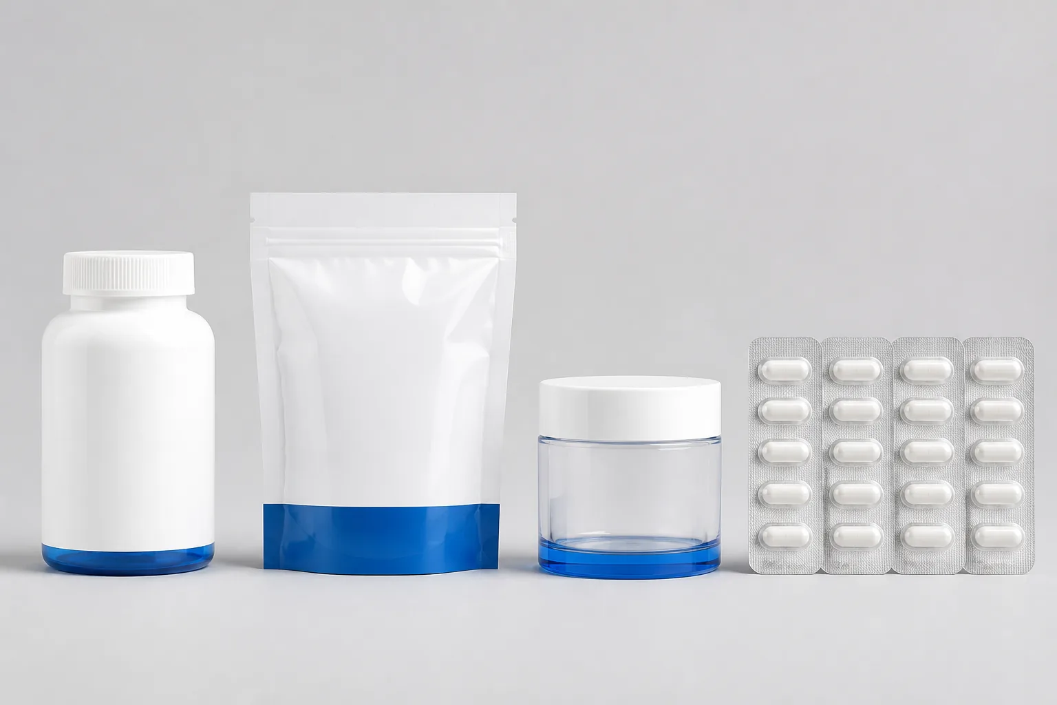 Liquid supplement packaging options - bottle, pouch, jar and blister