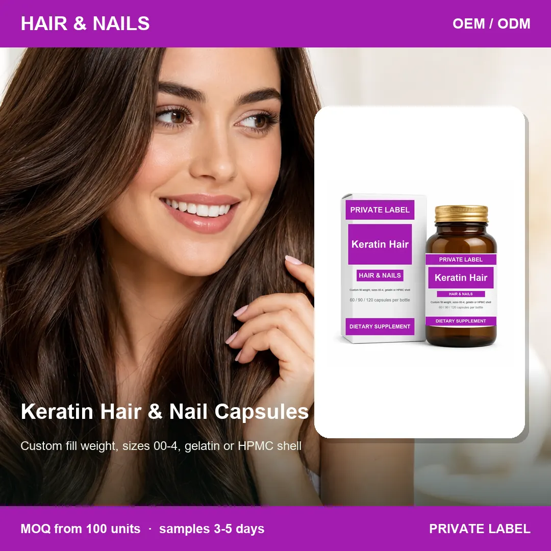 Keratin Hair & Nail Capsules — private-label supplement, lifestyle scene