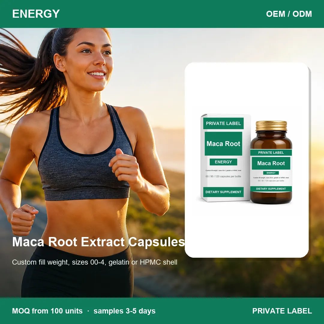 Maca Root Extract Capsules — private-label supplement, lifestyle scene