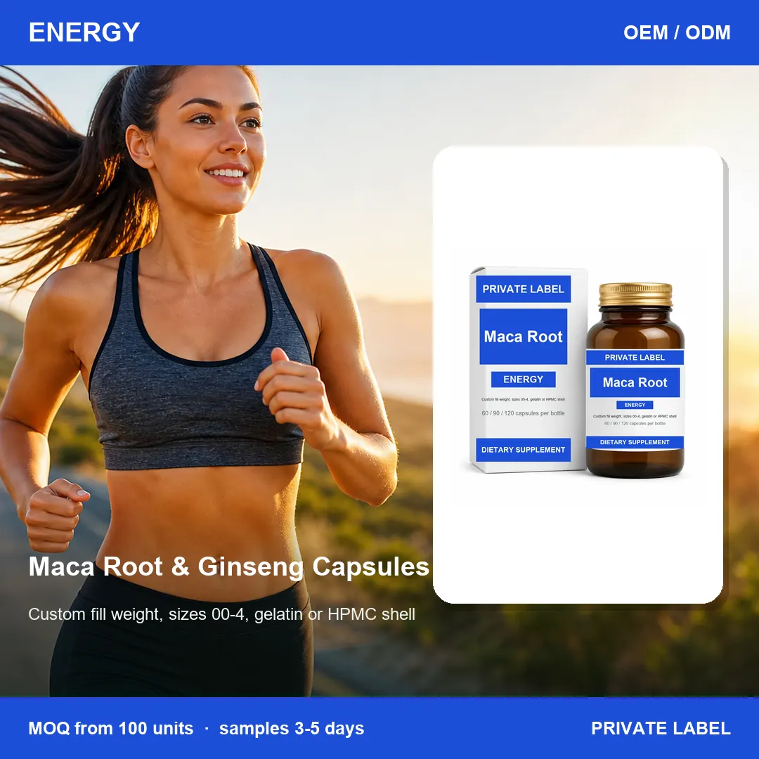 Maca Root & Ginseng Capsules — private-label supplement, lifestyle scene