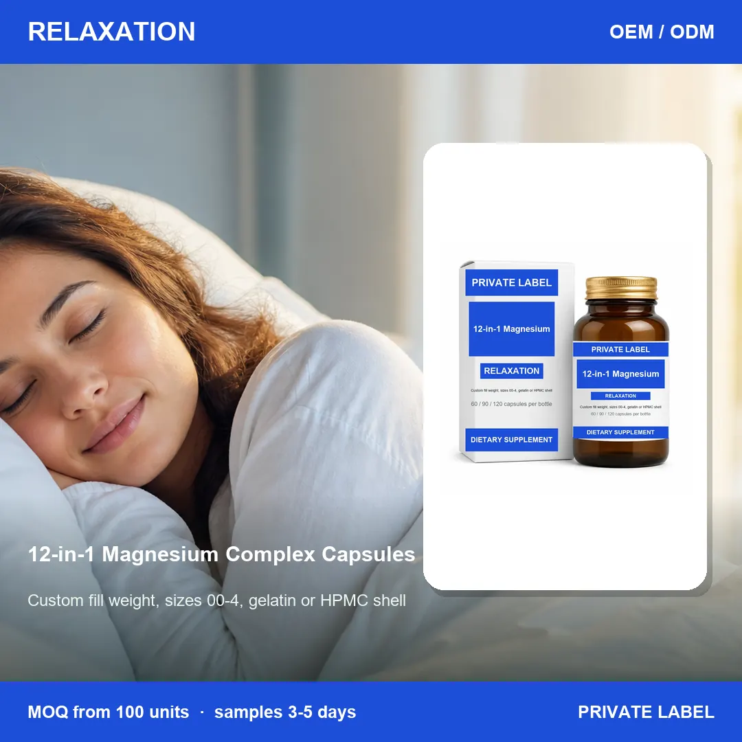 12-in-1 Magnesium Complex Capsules — private-label supplement, lifestyle scene