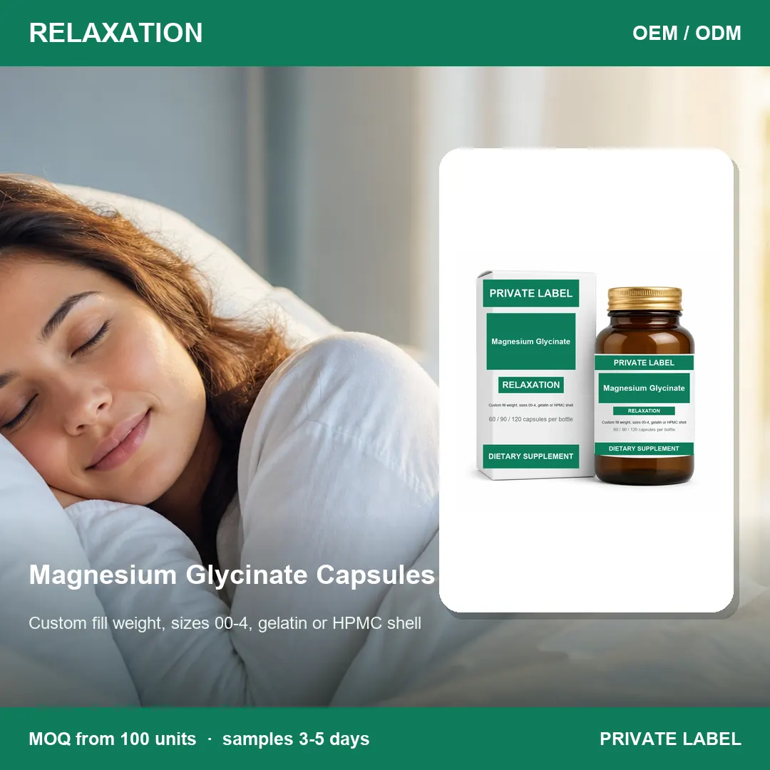 Magnesium Glycinate Capsules — private-label supplement, lifestyle scene