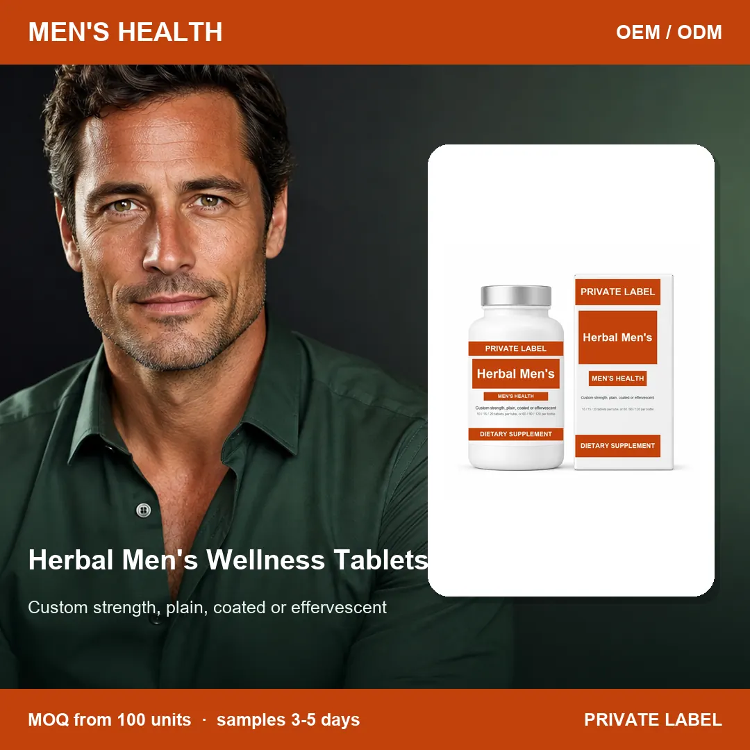 Herbal Men's Wellness Tablets — private-label supplement, lifestyle scene