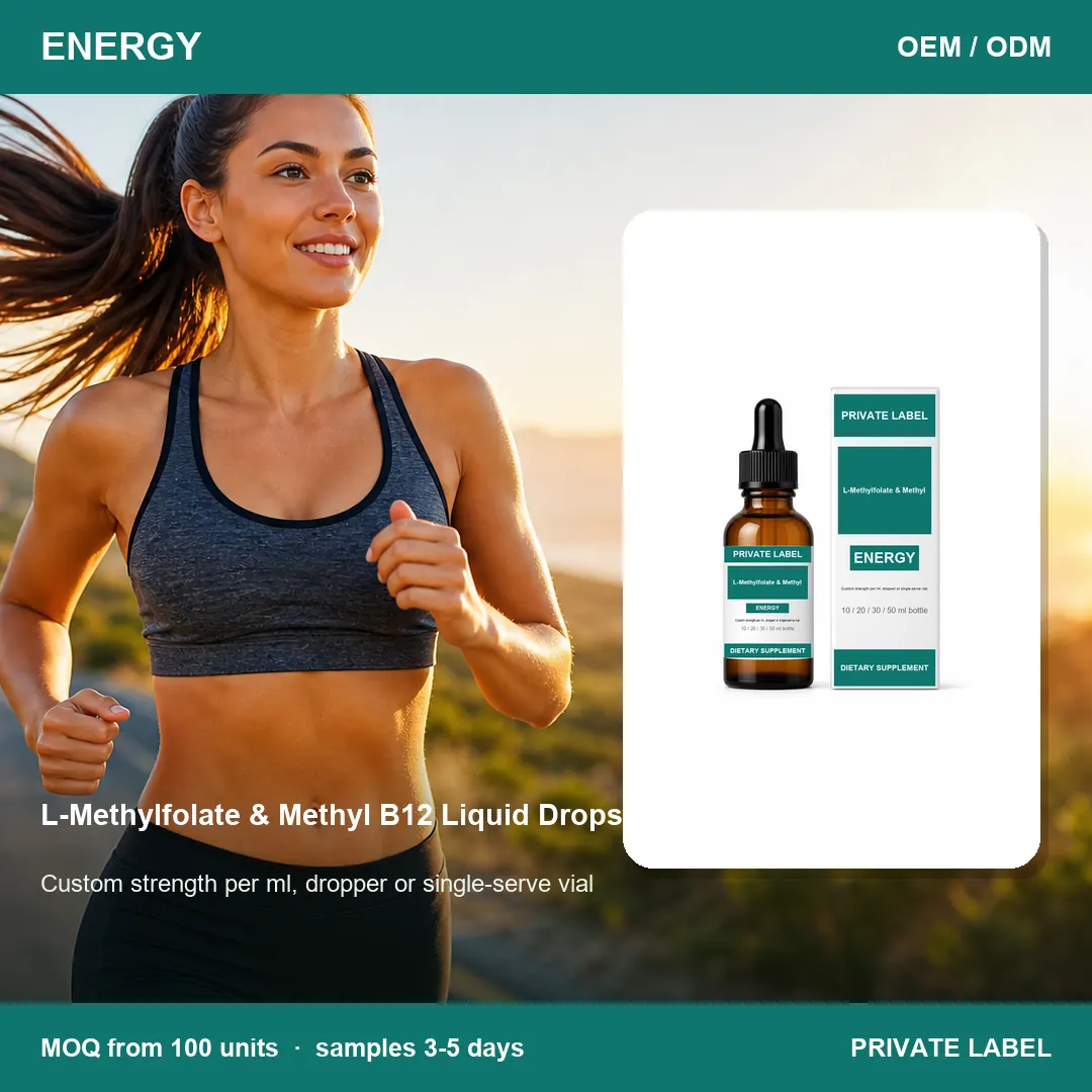 L-Methylfolate & Methyl B12 Liquid Drops — private-label supplement, lifestyle scene
