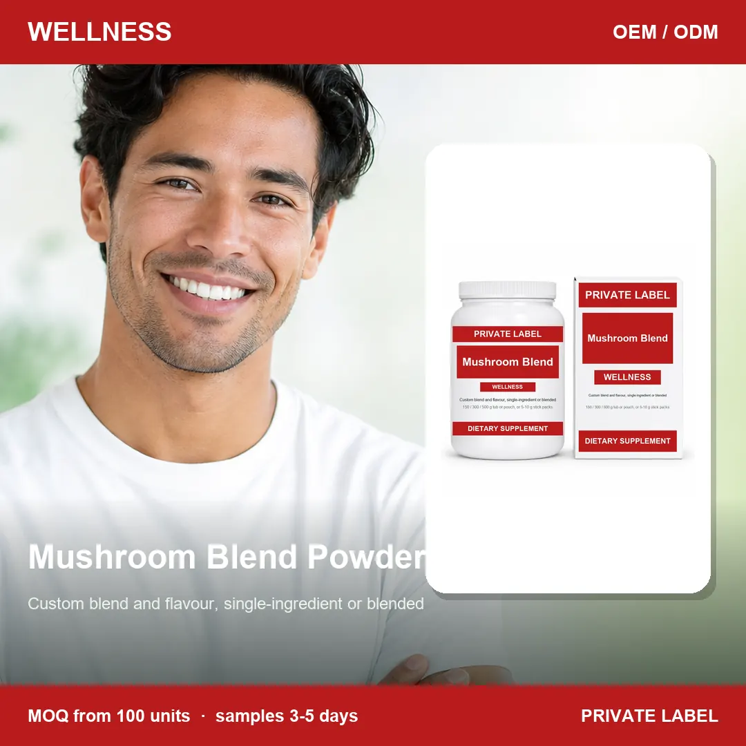 Mushroom Blend Powder — private-label supplement, lifestyle scene