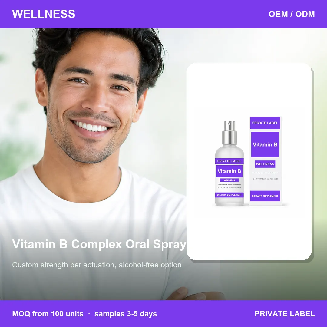 Vitamin B Complex Oral Spray — private-label supplement, lifestyle scene