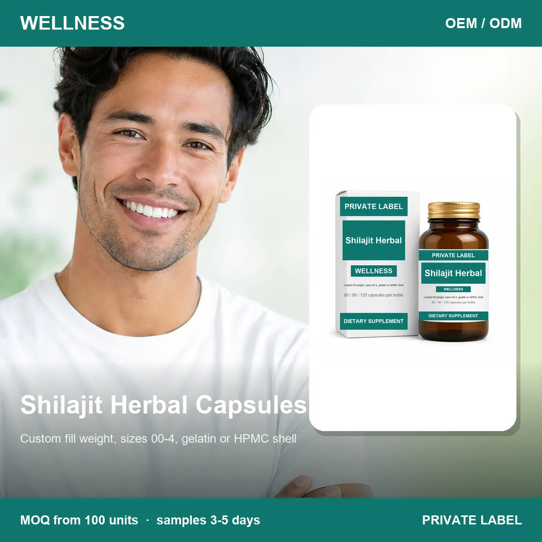 Shilajit Herbal Capsules — private-label supplement, lifestyle scene