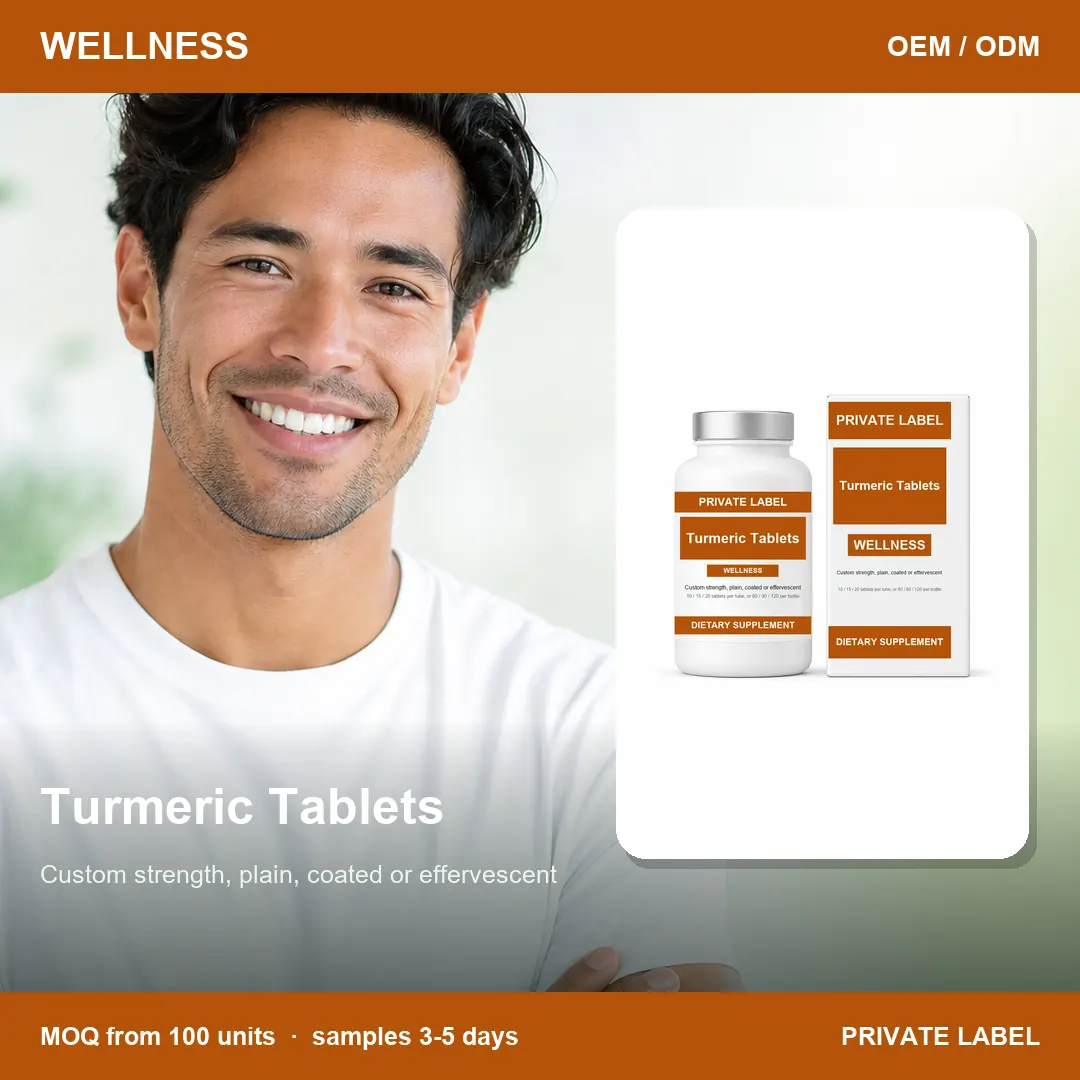 Turmeric Tablets — private-label supplement, lifestyle scene