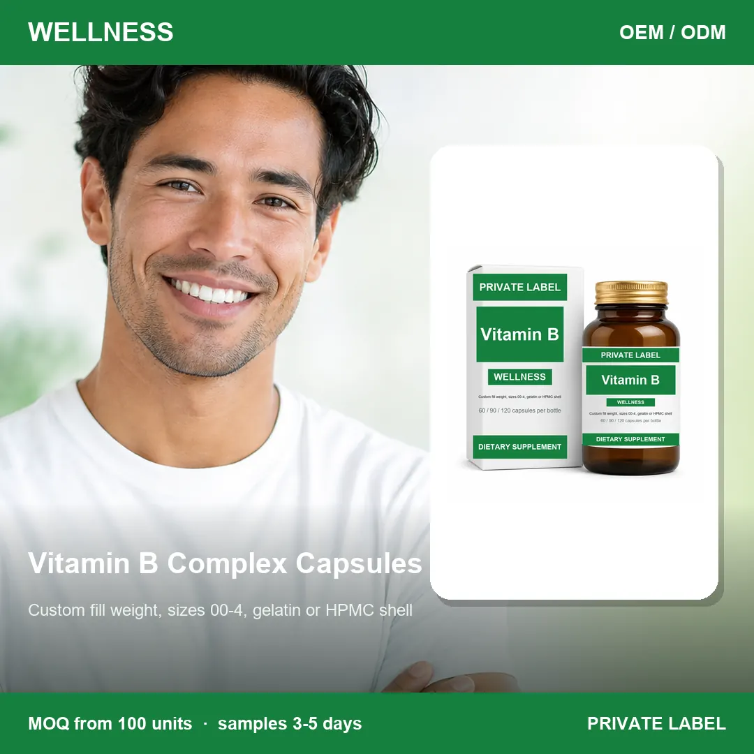 Vitamin B Complex Capsules — private-label supplement, lifestyle scene
