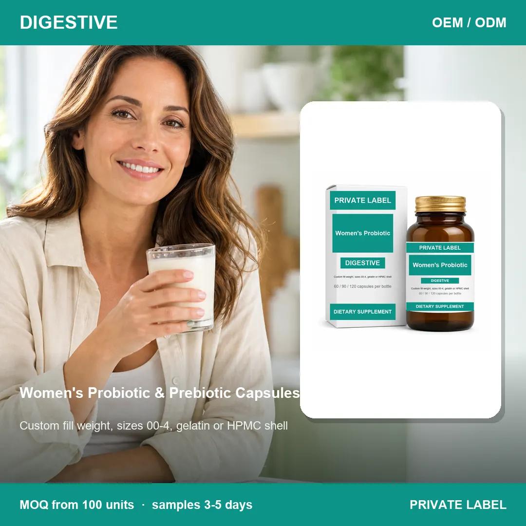 Women's Probiotic & Prebiotic Capsules — private-label supplement, lifestyle scene